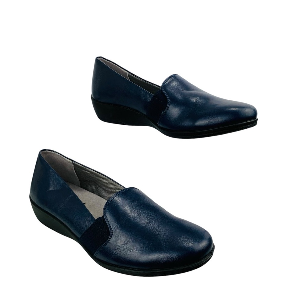 Life Stride Leather Loafers Womens 7.5‎ Narrow Navy Almond Toe Wedge Velocity 2